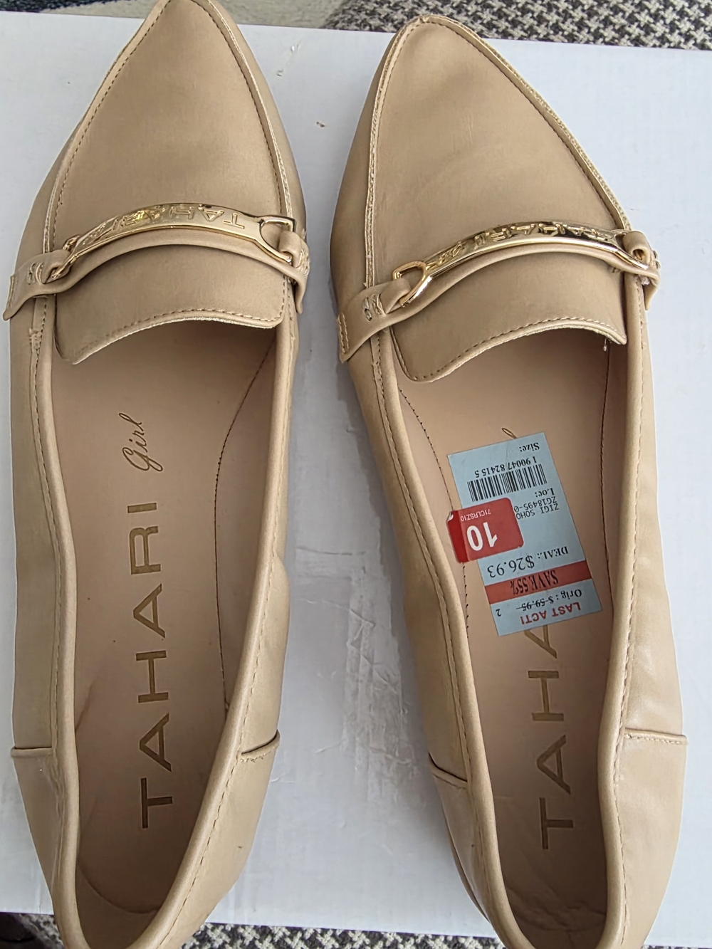 Tahari Women’s Beige Pointed-Toe Loafers with Gold Accent